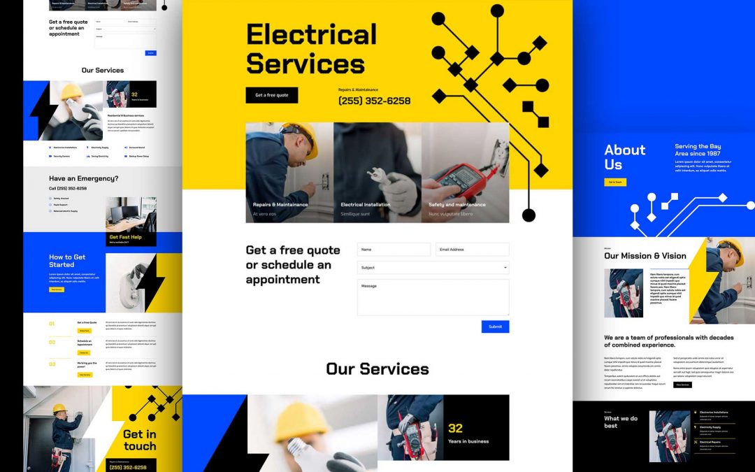 Divi: Předpřipravený vzhled webu elektrikářské služby (včetně obrázků) zdarma ke stažení