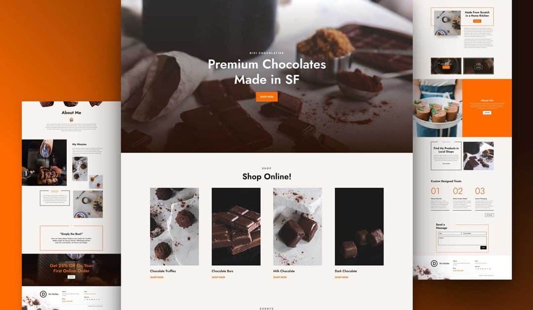 Divi: Předpřipravený vzhled webu Čokoládovna (včetně obrázků) zdarma ke stažení
