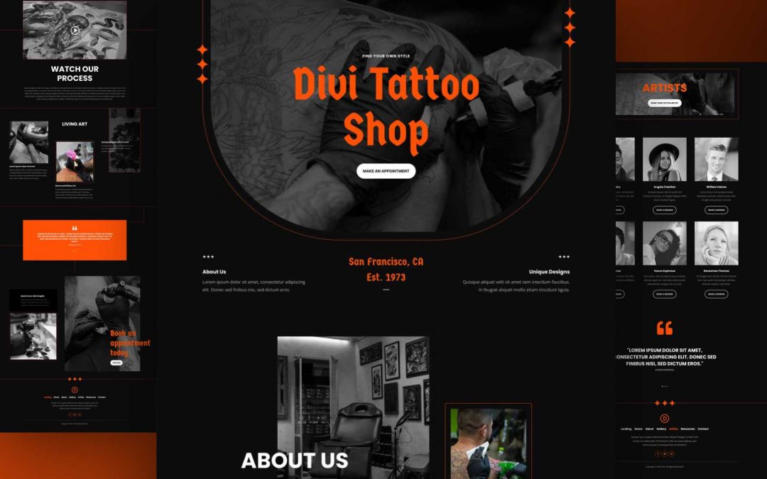 Divi: Předpřipravený vzhled webu Tetovací salon (včetně obrázků) zdarma ke stažení