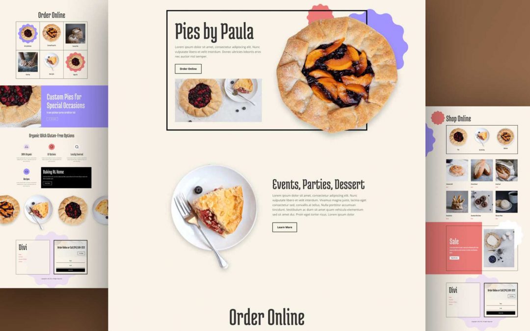 Divi: Předpřipravený vzhled webu Obchod s koláči (včetně obrázků) zdarma ke stažení