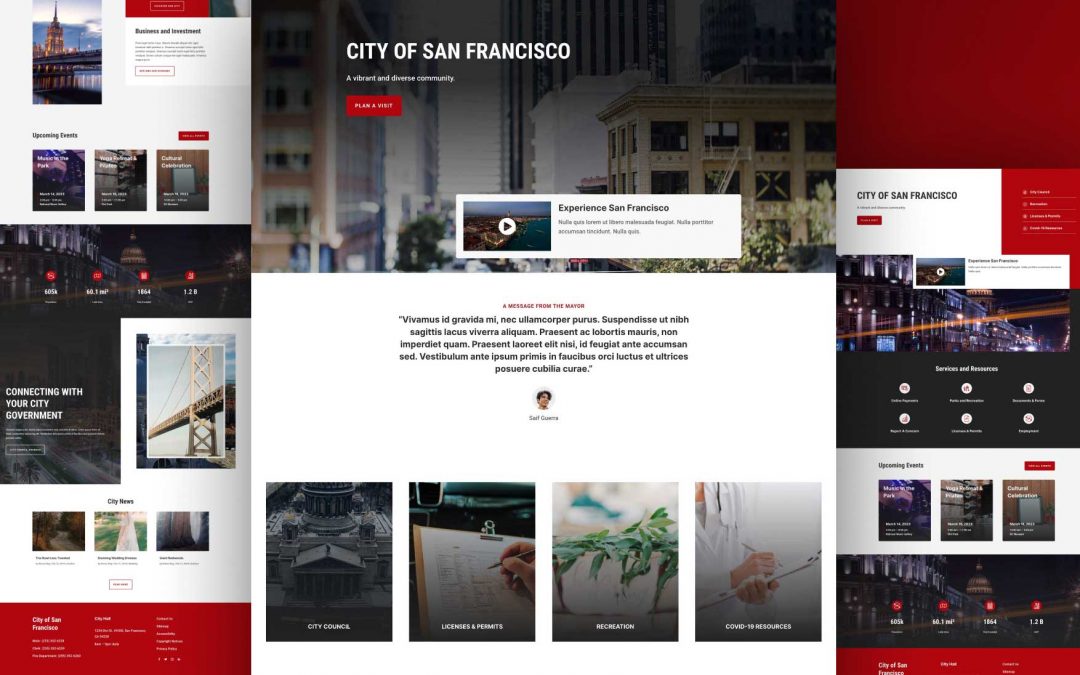 Divi: Předpřipravený vzhled webu Město (včetně obrázků) zdarma ke stažení