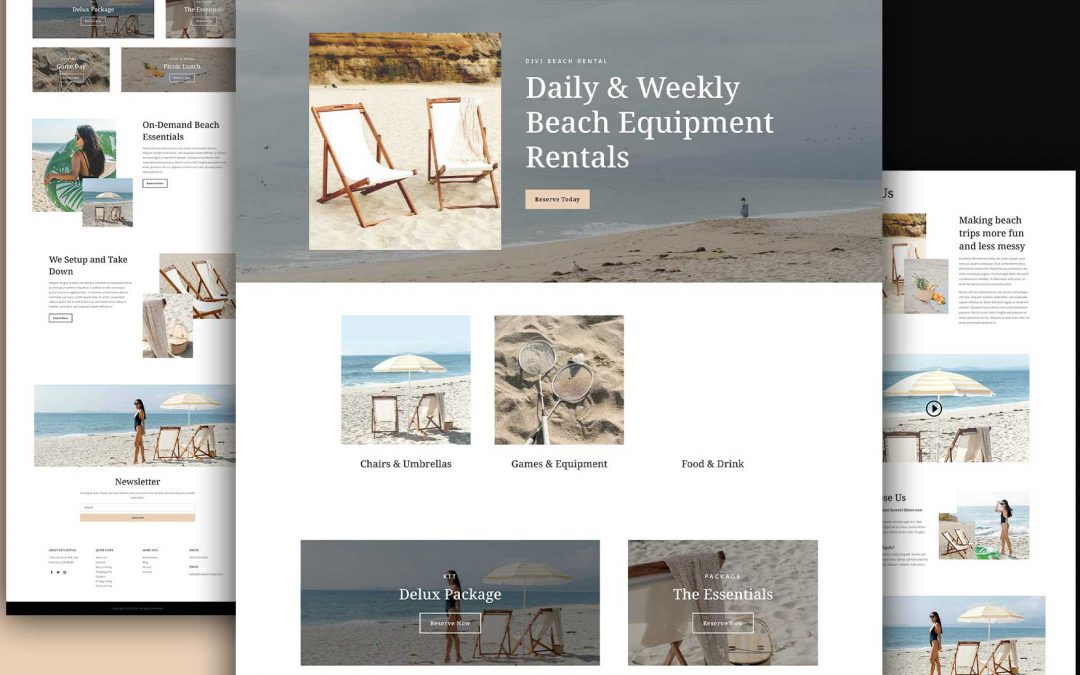 Divi: Předpřipravený vzhled webu Pronájem plážového vybavení (včetně obrázků) zdarma ke stažení