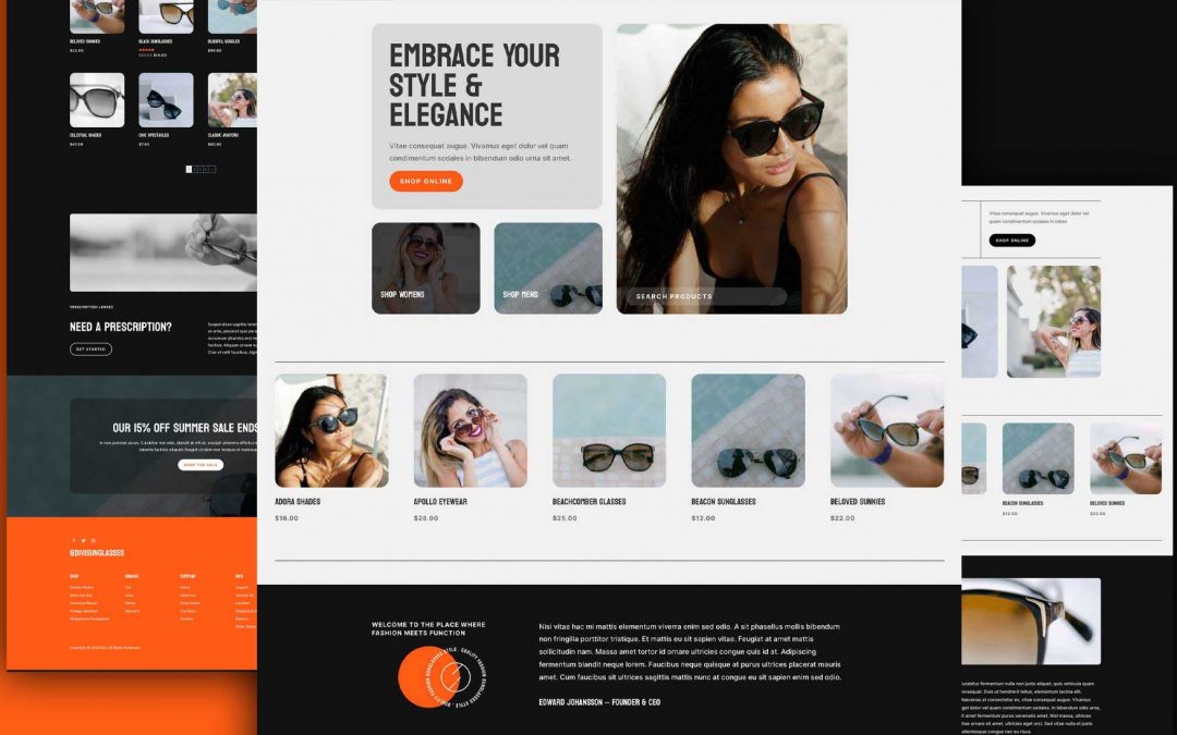 Divi: Předpřipravený vzhled webu Obchod se slunečními brýlemi (včetně obrázků) zdarma ke stažení