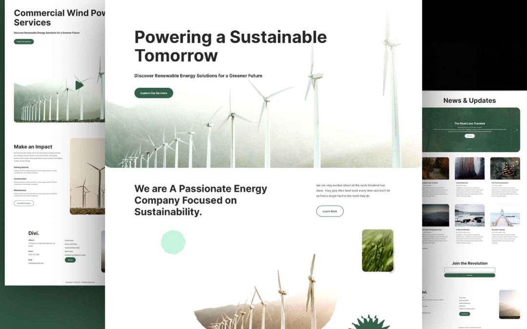 Divi: Předpřipravený vzhled webu Udržitelná energie (včetně obrázků) zdarma ke stažení